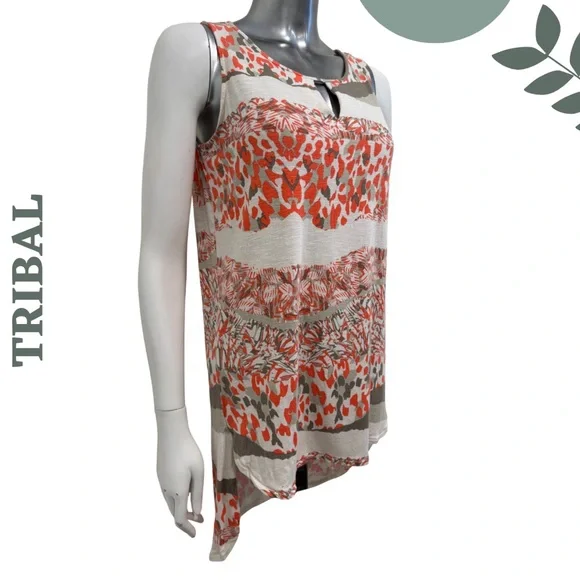 Tribal High Low Sleeveless Tunic Top Orange Grey Size Small - Picture 3 of 7